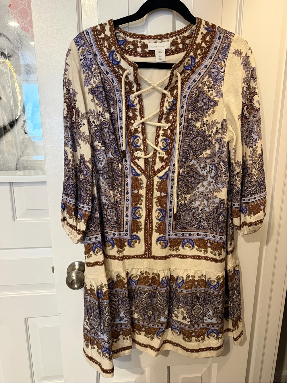 House of Harlow 1960 Cream, Brown & Blue Paisley Lace-Up Mini Dress